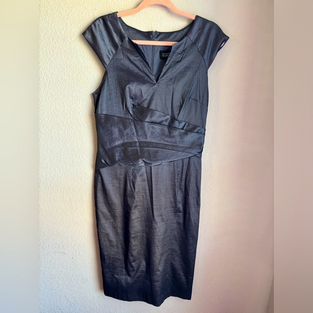 Adrianna Papell Steel Dark Gray Taffeta Short Sleeve Cocktail Sheath Dress 10